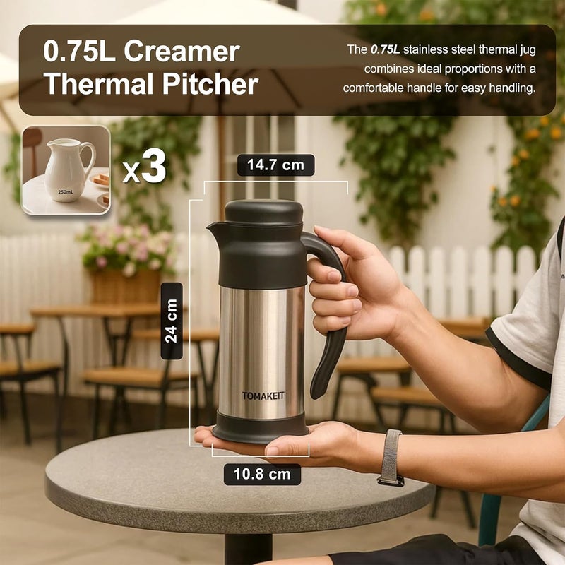  TOMAKEIT Creamer Pitcher for Coffee,0.75L/25 Oz Thermal Coffee Carafe,Stainless Steel Coffee Carafes for Keeping Hot and Cold,Double-Wall Design,12-Hour Hot & Cold,Leak-Proof,Portable for Travel,Camping,Office - Image 2